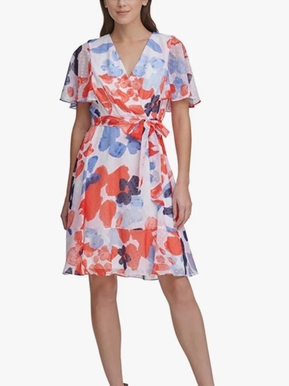 Red  Blue Floral
   Faux Wrap Dress Women’s Size 2 Flutter Sleeve NWT .DKNY